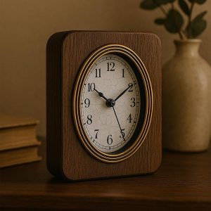 Vintage Style Wooden Table Clock – Oval Face with Gold Trim – Rustic Desk Decor – Silent Quartz – Antique-Inspired Timepiece